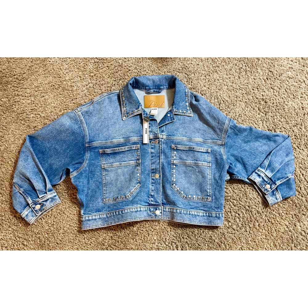 PINK Victoria's Secret Denim Jacket XL New Studded Cropped Medium Wash Blue